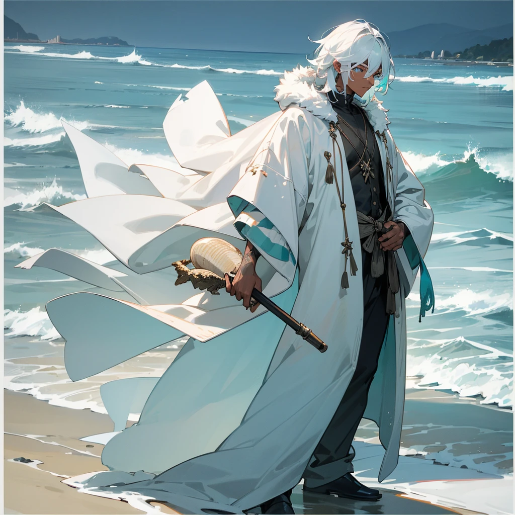 1male, young adult, dark skin, finely detailed aqua eyes, wild medium hair, seashell white hair color, loose snow clothing, oversized fur hood, standing on coast, day time, beach, somber expression, muscular, flowers, tattoos