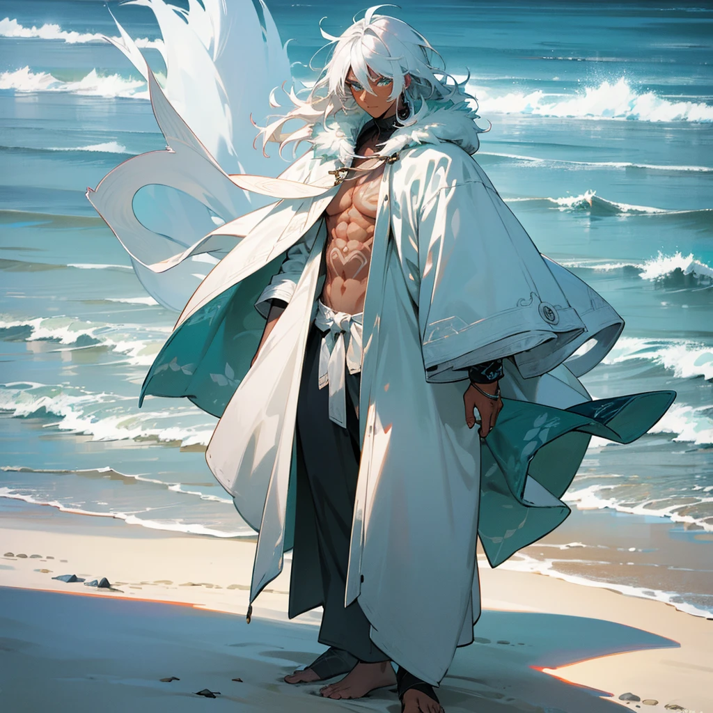 1male, young adult, dark skin, finely detailed aqua eyes, wild medium hair, seashell white hair color, loose snow clothing, oversized fur hood, standing on coast, day time, beach, somber expression, muscular, flowers, tattoos