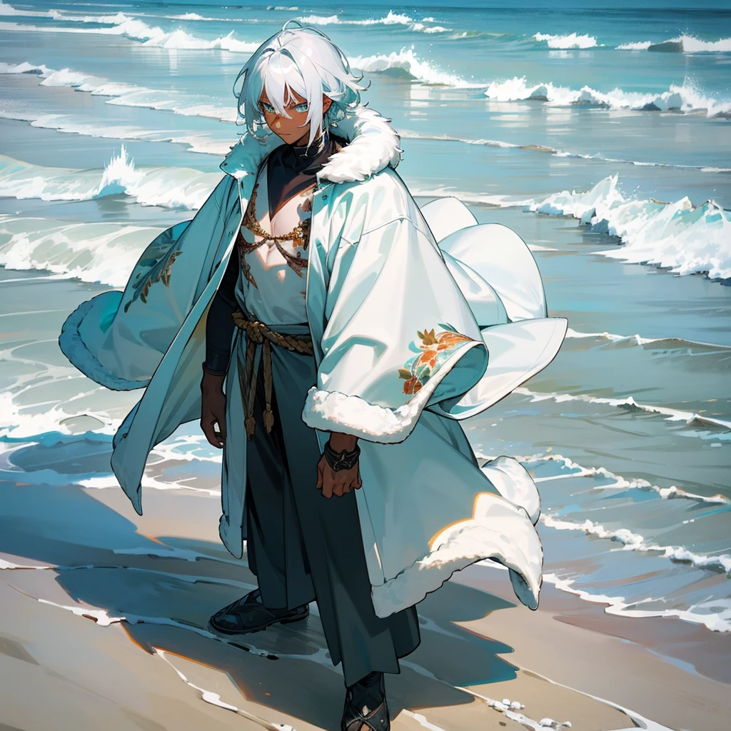 1male, young adult, dark skin, finely detailed crimson eyes, wild medium hair, seashell white hair color, long sleeve turtleneck sweater, oversized fur coat, standing on coast, day time, beach, somber expression, muscular, flowers, tattoos