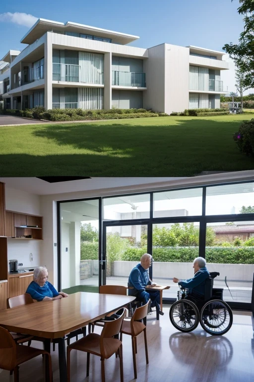 Huge facility A futuristic group home for elderly people with dementia Two old men