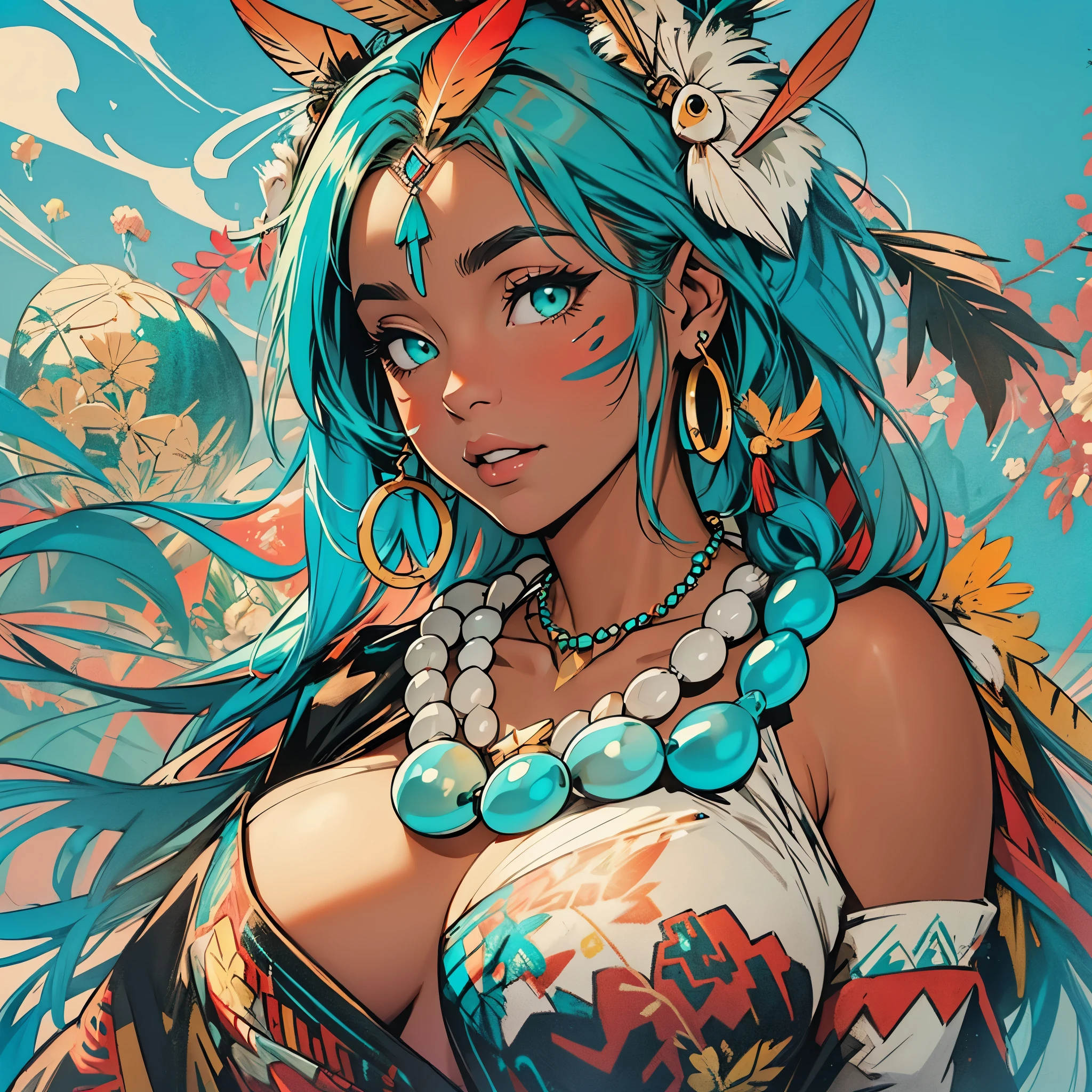 (((ultimate best quality))),((((solo:1.12)))),((((1girl:1.12)))),((((beautiful perfect woman)))),(((detailed perfect body, detailed perfect finger,detatiled perfect face))),(((bust up, close up))),(((((American comics))))),(((extreme highlights))),(((Extremely colorful, primary colors))),(cleavage, big breast)),(((perfect beautiful lady))),((((various angles))),((((detailed Indian,Tribe, Navajo, feather ornament)))),((((black skin)))),(((indigenous peoples))),(((owl,turquoise,Ivory Necklace)))