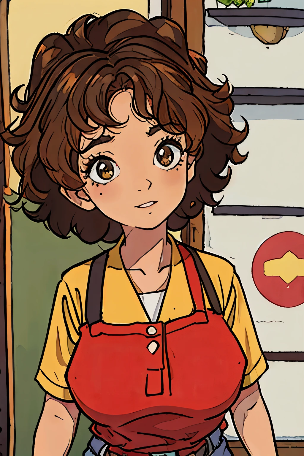 Brazilian girl with curly hair, brown eyes and tanned skin with a red blouse
