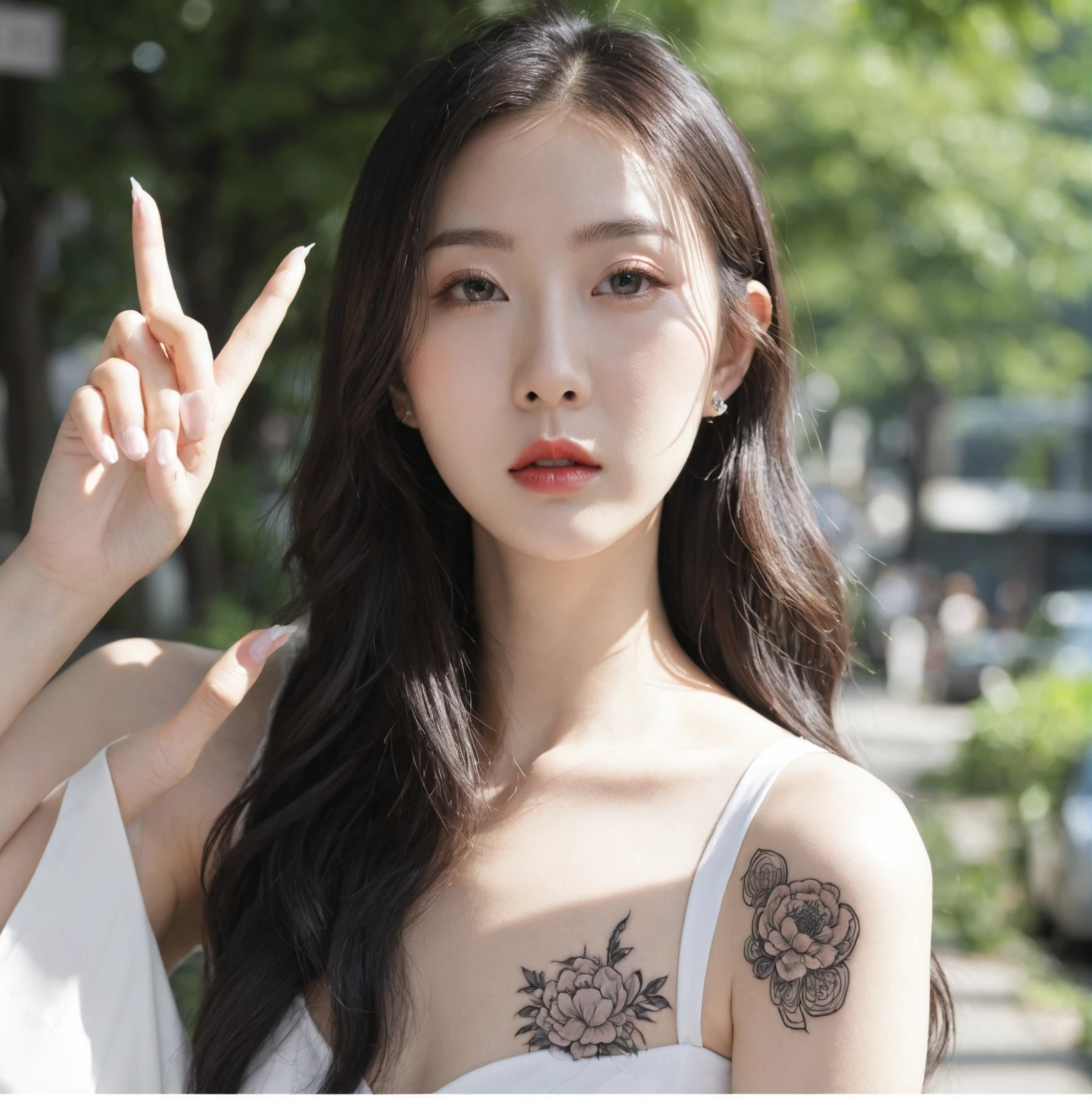 there is a woman standing on the sidewalk in a white dress, of taiwanese girl with tattoos, a young asian woman, chinese girl, in city street, an asian woman, taken in 2 0 2 0, korean girl, at a city street, chinese woman, yakuza slim girl, beautiful south korean woman, forest city streets behind her, young asian girl, asian girl