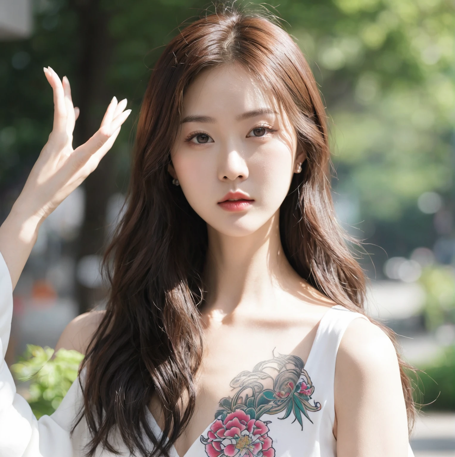 there is a woman standing on the sidewalk in a white dress, of taiwanese girl with tattoos, a young asian woman, chinese girl, in city street, an asian woman, taken in 2 0 2 0, korean girl, at a city street, chinese woman, yakuza slim girl, beautiful south korean woman, forest city streets behind her, young asian girl, asian girl