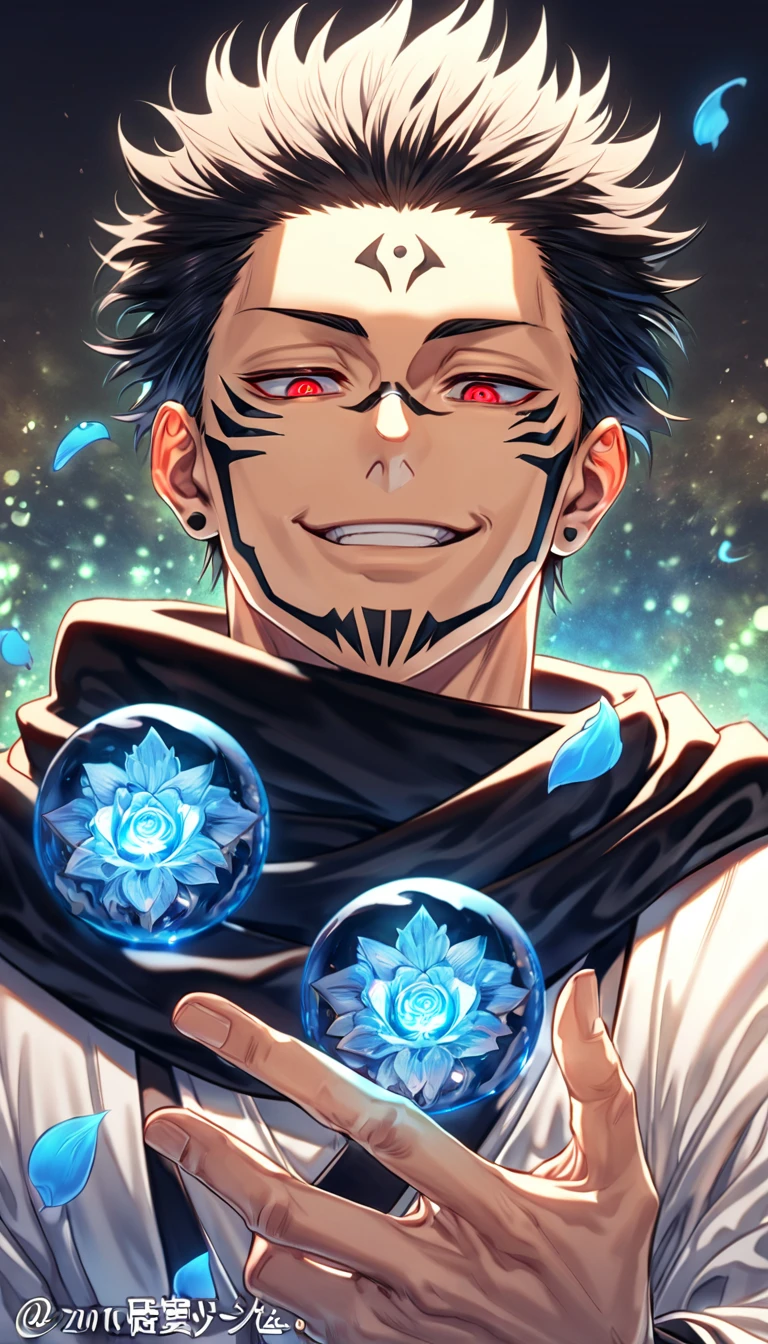 Ultra detailed, highres, absurdres, HDR, master piece, Ryomen Sukuna, black hair, expressive red eyes, Jujutsu Kaisen, blue petals, black scarf, man, solo, best quality, blue flowers, blue shining fireflies, fantasy, magical, handsome, blue moon, white kimono, smirking,