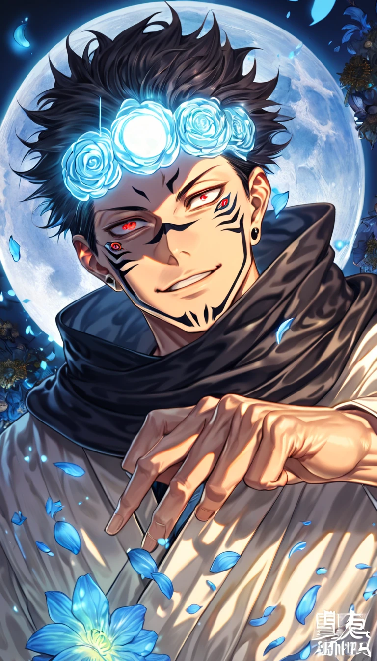 Ultra detailed, highres, absurdres, HDR, master piece, Ryomen Sukuna, black hair, expressive red eyes, Jujutsu Kaisen, blue petals, black scarf, man, solo, best quality, blue flowers, blue shining fireflies, fantasy, magical, handsome, blue moon, white kimono, smirking,