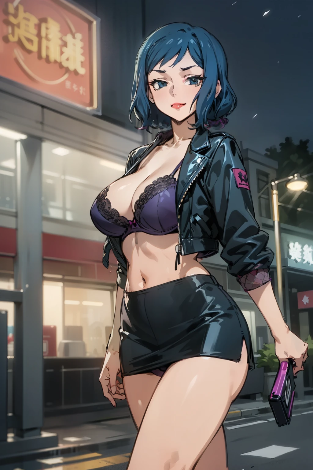 Night time,(Masterpiece), Best Quality, ultra-detailed, 1girl (rinko_iori, Slender and sexy body, huge breasts, wide hips, dark blue hair, long wave hair, blue eyes, half-closed eyes), evil face, smirk ,parted lips, mascara, full makeup, red lipstick, hookerchic, facing viewer, looking at viewer, solo, black latex jacket, short jacket, purple lace bra, navel, black skirt, tight skirt, micro mini skirt, purple lace panties, fishnets, outdoor, street, neon sign, walk, sexy walking, sexy waist teasing, ,