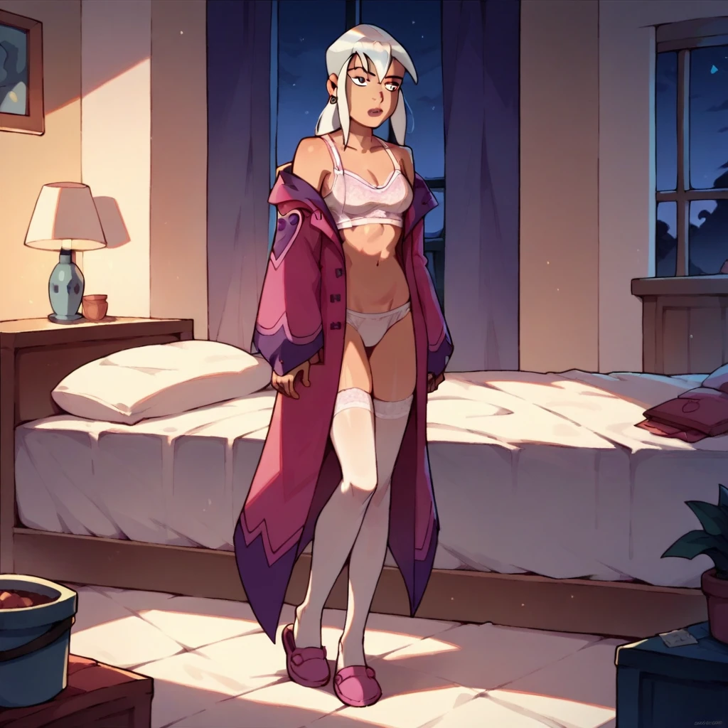 charmcaster, ben 10, bedroom, night, standing, white hair, purple eyes, pink and white lingerie, pink slippers, no coat, see through stockings, bare arms, bare shoulders, coat off, 1girl, solo