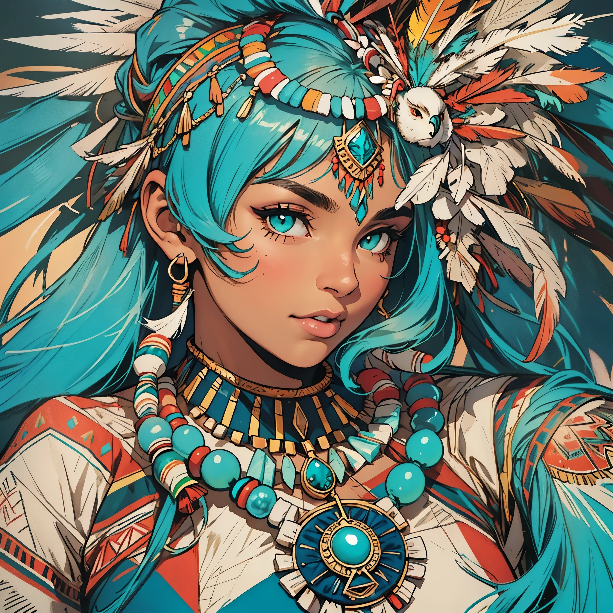 (((ultimate best quality))),((((solo:1.12)))),((((1girl:1.12)))),((((beautiful perfect woman)))),(((detailed perfect body, detailed perfect finger,detatiled perfect face))),(((bust up, close up))),(((((American comics))))),(((extreme highlights))),(((Extremely colorful, primary colors))),(cleavage, big breast)),(((perfect beautiful lady))),((((various angles))),((((detailed Indian,Tribe, Navajo, feather ornament)))),((((black skin)))),(((indigenous peoples))),(((owl,turquoise,Ivory Necklace)))