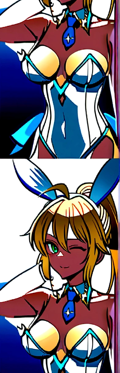 masterpiece, best quality, most absurd, soft lighting, Viewers look at, alone, light_smile, wink, one eye closed,
1 girl, Ahoge, Bunny ears, Playboy Bunny, artoria pendragon \(Swimsuit ruler\) \(destiny\), big boobs , blond hair, green eyes, French plait, ponytail bare shoulders, big , Decollete,
clothes cut out, handcuffs, detached collar, Nabelausschnitt, Boa-Feder,
White leotard, blue necktie, Blue Tights, single thigh strap, Hands behind the head,
Cowboy-shot,
White background, naked