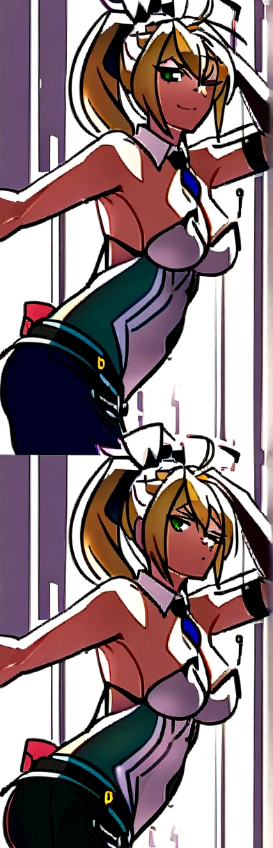 masterpiece, best quality, most absurd, soft lighting, Viewers look at, alone, light_smile, wink, one eye closed,
1 girl, Ahoge, Bunny ears, Playboy Bunny, artoria pendragon \(Swimsuit ruler\) \(destiny\), big boobs , blond hair, green eyes, French plait, ponytail bare shoulders, big , Decollete,
clothes cut out, handcuffs, detached collar, Nabelausschnitt, Boa-Feder,
White leotard, blue necktie, Blue Tights, single thigh strap, Hands behind the head,
Cowboy-shot,
White background, naked