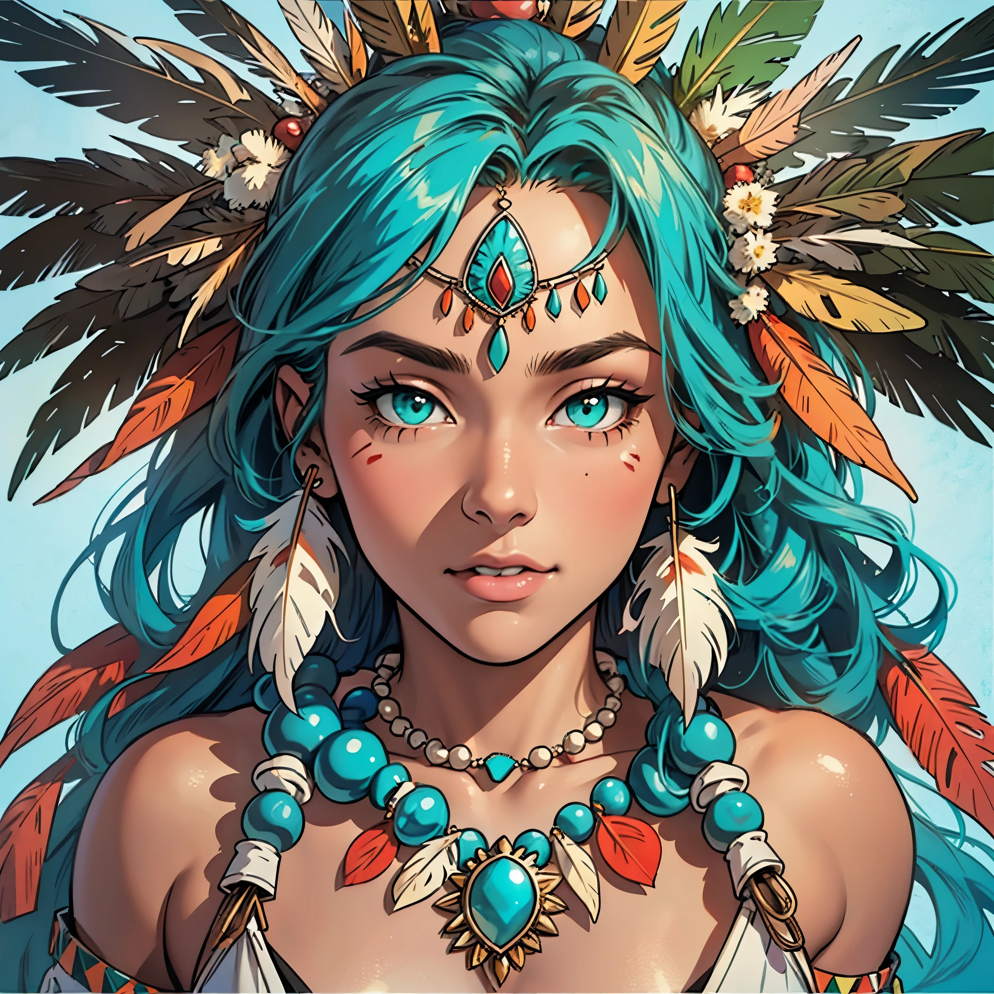 (((ultimate best quality))),((((solo:1.12)))),((((1girl:1.12)))),((((beautiful perfect woman)))),(((detailed perfect body, detailed perfect finger,detatiled perfect face))),(((bust up, close up))),(((((American comics))))),(((extreme highlights))),(((Extremely colorful, primary colors))),(cleavage, big breast)),(((perfect beautiful lady))),((((various angles))),((((detailed Indian,Tribe, Navajo, feather ornament)))),((((black skin)))),(((indigenous peoples))),(((owl,turquoise,Ivory Necklace)))