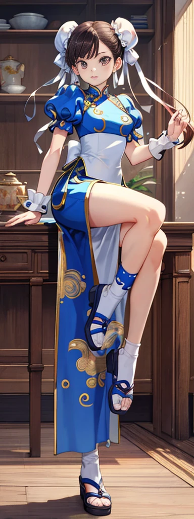 chun-li,((masterpiece)), ((best quality)), ((ultra detailed)), ((kawaii)), cute, (lovely), ((extremely detailed)), ((8K)), (beautiful),flat breast, tiny breast,full body