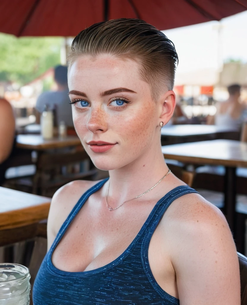 Muscular college girl with large breast and a large butt, blue eyes, pale skin, freckles and a nose piercing with a short slicked back men’s haircut with both sides of her head shaved wearing a tank top at an outdoor restaurant 