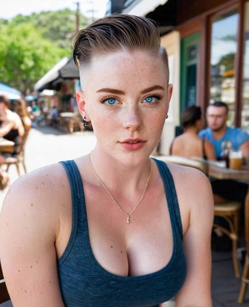 Full body shot of a muscular female college girl with large breasts and a large butt, a buzz cut, pale skin, freckles and blue eyes and no makeup wearing a green shirt and jean shorts