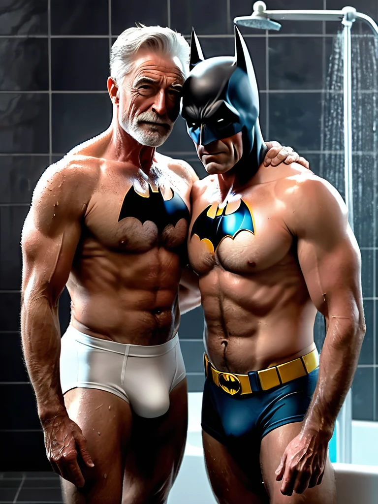 score_9, score_8_up, score_7_up, score_6_up, score_5_up, score_4_up , ,photo realistic,
Alfred (butler, intelligent, gentlemanly, slim, in his 60s) and Batman (hairy, muscular, tall, body covered in scars) wearing only a mask embrace each other in the shower in white briefs