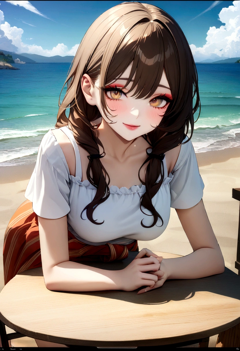 (Highest quality, 8k wallpaper, Tabletop, Ultra HD: 1.3), Women in reality、A woman around 25 years old,Japanese women、Beautiful skin,healthy, 100cm bust, Brown Hair, Shortcuts, Slim figure, Delicate lips, Beautiful Eyes, double eyelid, Beautiful feet ,A short white T-shirt above the waist,masutepiece,Super detailed,Attention to detail,High resolution,Perfect dynamic composition,Women's Fashion Summer,smile,Seaside,Facing forward,canon RF85mm F1.2 L USM、Canon EOS R7,Lighting on face,Beautiful detailed eyes、light makeup、attractive、超High resolution、Surreal、Very detailed、Golden Ratio、(Detail Makeup:1.2)、Has had sex with 10 men、Smiling happily
