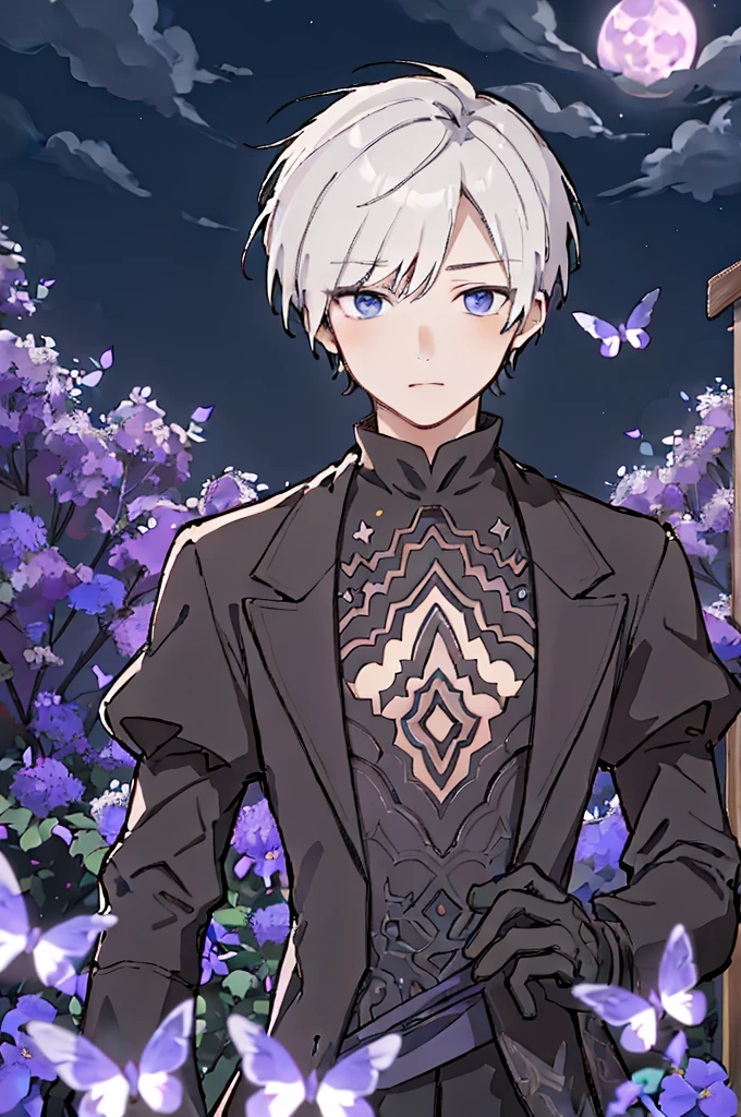 absurdities, high resolution, ultra detailed, HDR, Masterpiece, Best Quality, 9s, by white, with bangs, expressive blue eyes, nier automata, Alone, sexy man, elegant, black clothes, black gloves, Fancy, purple moon, purple flowers, purple flowers, purple petals, fireflies