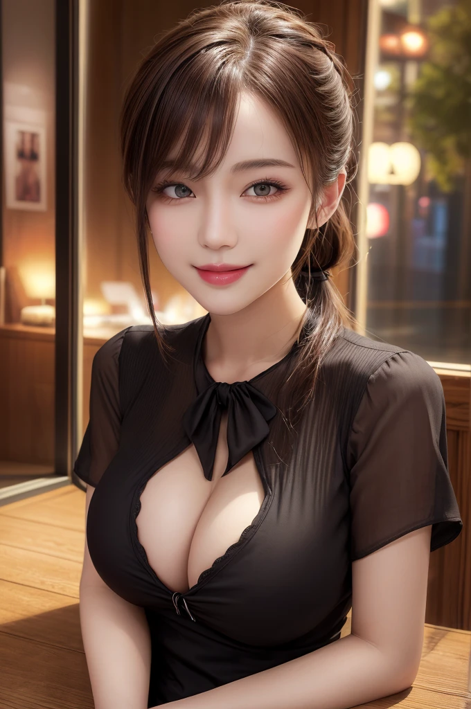 Tabletop, Highest quality, figure, Super detailed, In detail, High resolution, 8k wallpaper, Perfect dynamic composition, Beautiful attention to detail, ponytail,Big breasts Natural color Lips, Sexy pose,smile,Harajuku、25-year-old woman、Beautiful woman、Looking at the camera、Super Real、(((Reality:1.5))),(((blouse)))