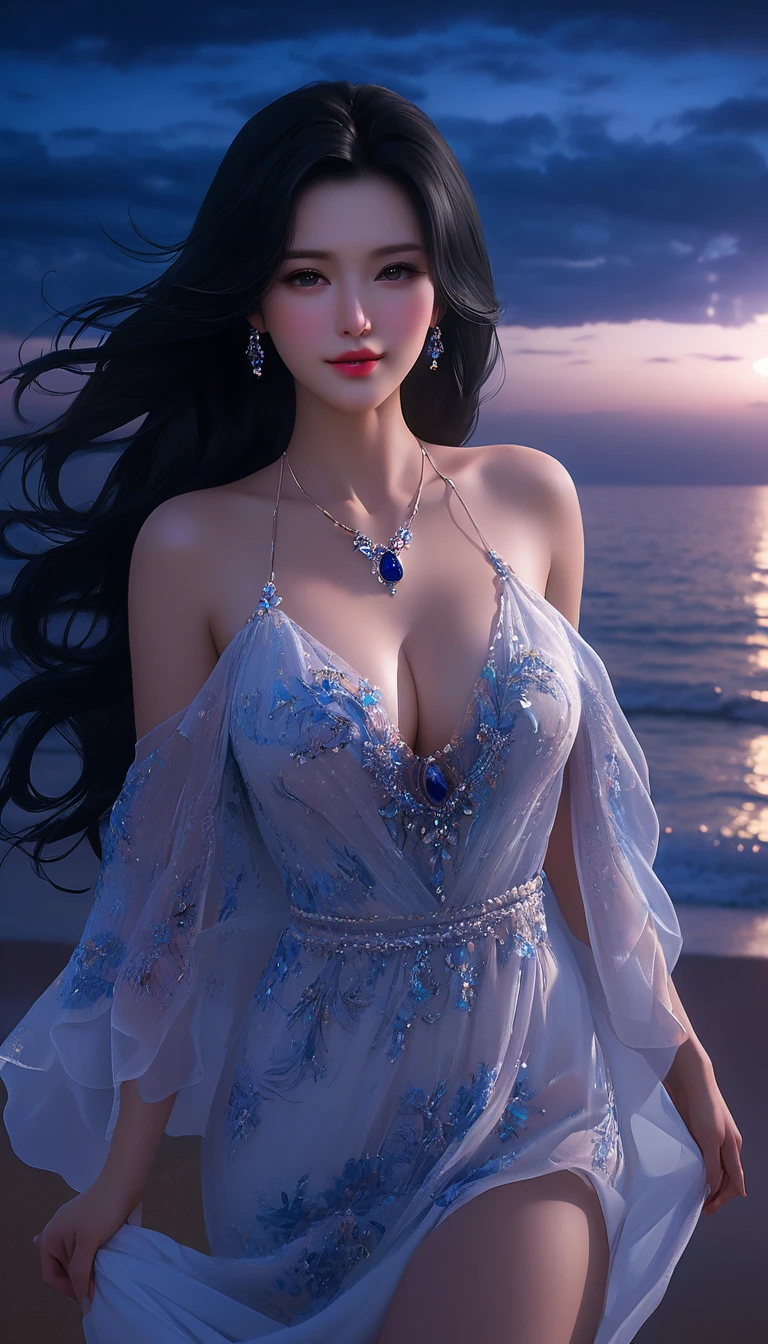 4K resolution,8K resolution,beautiful,Highest quality,Absolutely wonderful,Very detailed,Ultra-high resolution,masterpiece,(Realistic:1.5),(Realistic:1.5),Increased depth of field,Cinematic Light,
One elegant mature woman,
Long black hair,精巧なディテールのbeautiful顔,Moist eyes,Sensual look,Transparent white skin,Very sensitive skin,Great proportions,Glamorous Body,Anatomically correct body,
Elegant Summer Beach Dress,Summery design,Beautifully detailed pattern,Detailed cloth texture,Gorgeous necklace romantic seaside scenery,Dark night sky,Coastline stretching to the horizon,Deserted beach,Dark sea surface,
Cinematic Angle,