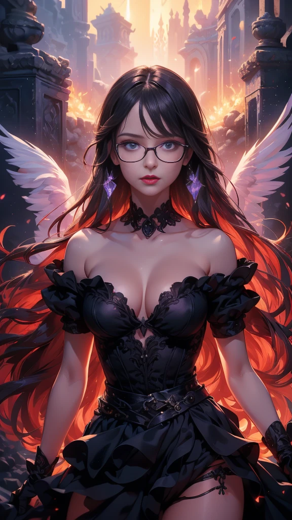 (Best quality, Ultra detailed, Masterpiece:1.2), 1girl, perfect face, female, gamer girl, (aqua eyes), (cherry-red lips), light smile, long black hair, purple streaked hair, purple highlights, bangs, choker, nerdy glasses, wearing headphones, white off-shoulder sweater, black skirt, thigh-highs, nighttime, neon lights in the background, colorful lights, (skirt lifted by itself: 1.1), (skirt lift: 1.3), (showing white panties: 1.3), (skirt lifted by itself: 1.1), (skirt lift: 1.3), (showing white panties: 1.3),(Fondo de ruinas de mazmorra en ruinas:1.4 ), (mostrando panties :1.4), ,(Fondo de ruinas de mazmorra en ruinas piedras grandes :1.4 ), Epic Fantasy Art Style HD, 4K fantasy art, epic fantasy digital art style, epic fantasy art style, Fantasy Woman, epic fantasy art portrait, Epic fantasy style, hyperrealistic fantasy art, hd fantasy art, Epic fantasy character art, epic fantasy art, in style of dark fantasy art, epic fantasy digital art, (face detailed :1.4), (estilo encaje lingerie :1.4) 