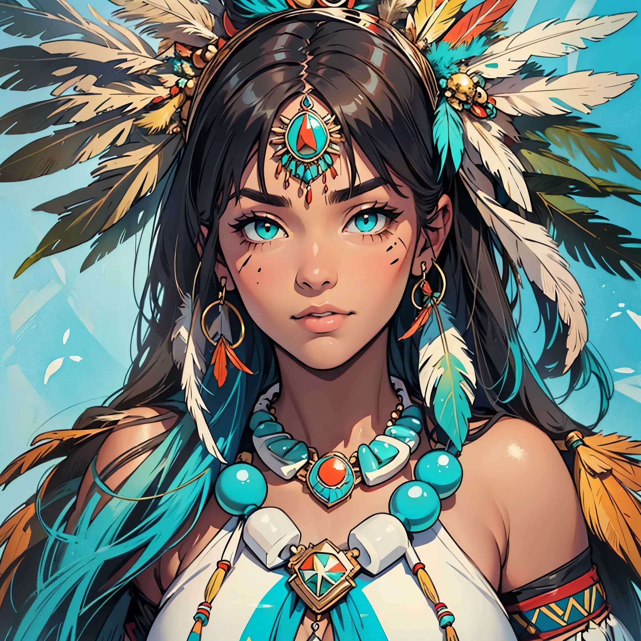 (((ultimate best quality))),((((solo:1.12)))),((((1girl:1.12)))),((((beautiful perfect woman)))),(((detailed perfect body, detailed perfect finger,detatiled perfect face))),(((bust up, close up))),(((((American comics))))),(((extreme highlights))),(((Extremely colorful, primary colors))),(cleavage, big breast)),(((perfect beautiful lady))),((((various angles))),((((detailed Indian,Tribe, Navajo, feather ornament)))),((((black skin)))),(((indigenous peoples))),(((owl,turquoise,Ivory Necklace)))