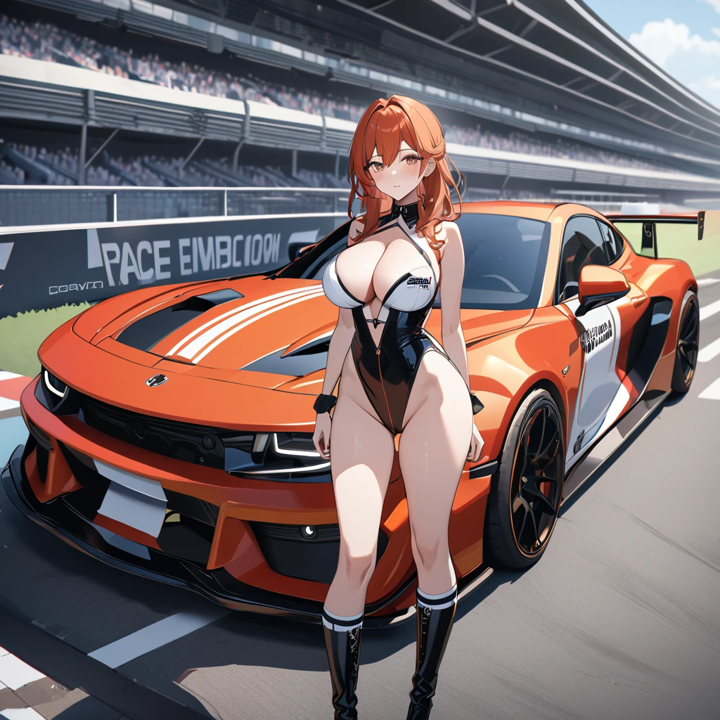 A woman wearing a race queen costume with white and red colors, orange red hair, orange eyes, purple eyes, big breasts, leather boots, next to a white race car with red details, standing, on the race track, perfect car. UHD , prime work , accurate , anatomically correct , textured skin , super details , high quality , best quality, 8k, high resolution, bokeh effect. (woman alone), 
