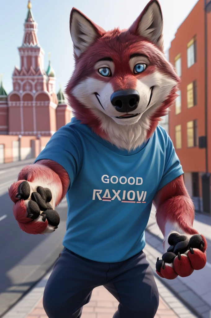 Ivan Wolfbach (Moscow),high,Beautiful,slim,24 years,wolf, red fur,high Beautiful wolf, 24 years,(red body:1.3),beautiful blue eyes,Moscow россия, t-shirt, trousers,sandals,canine, wolf, detailed fur, male, antro, paw pads, finger claws, at viewer, 5 fingers, paws, 5 fingers,day,digital photography, soft focus,good mood,photorealism, realistic, photorealistic,digital style,from close walks around the city, Very close to the camera, digital photography, smile positive, good,mood, tempts,close to the camera, 
masterpiece, Best quality, ultra realistic, 8 k)
