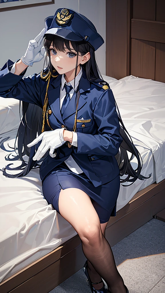 Highest quality、masterpiece、8K、Realistic、超High resolution、Very delicate and beautiful、High resolution、Cinema Lighting、medium range shooting、Perfect female body、Beautiful woman、Mature Woman、Beautiful Eyes、Short black hair、(((In heat、aroused、Trembling Body、shortness of breath、in heat)))、break　((Female police officer、紺色のFemale police officer、Uniform Buttons、Navy blue tie、Uniform jacket、White gloves))、Black Pantyhose、Pencil Skirt、Stiletto heel pumps、Police Badge、Epaulettes、break　Bent body、Lie in, Look to the side, (Worried face,  Drunk look、Hot body、Sweaty)、bedroom、Lying on the white sheets of a bed、Playing with your body、