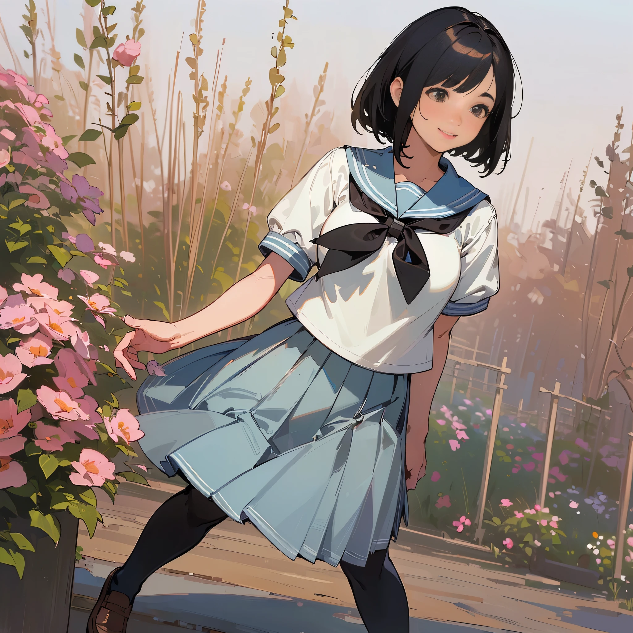 (Highest quality, High resolution, Super detailed, Realistic:1.37), Peaceful atmosphere, (Outdoor, garden), age girl standing alone,(my breasts are big.),Beautifully detailed features, Cute Smile, ((Black bob hair)),Short-sleeved sailor uniform, Pleated skirt,Black tights,Brown leather shoes.