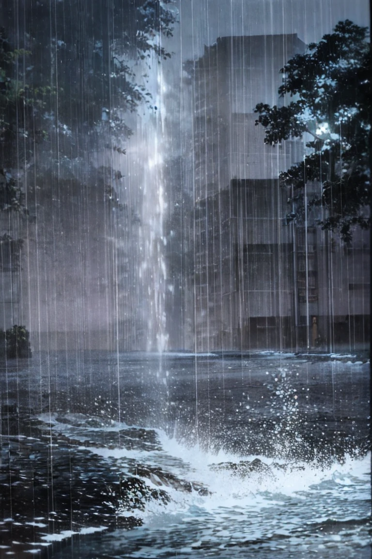 A Japanese anime-style illustration of a female news reporter broadcasting in the middle of a typhoon. The scene shows the reporter holding a microphone and wearing a raincoat, struggling against strong winds and heavy rain. The background includes stormy skies, swaying trees, and waterlogged streets, capturing the intensity of the typhoon.