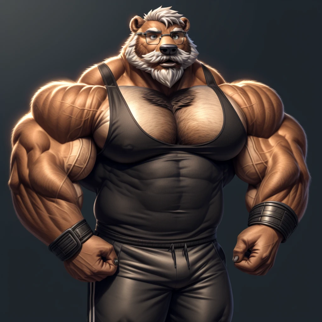 solo, 1boy, Huge Muscular Old Grizzly Bear wearing glasses , pectoral, huge pectoral, wide pectoral, short white hair, short pants, black wristbands and black tank top , bearded, Mustache, simple background, masterpiece, high detailed, 8k, high resolution, at the gym, flexes huge muscles