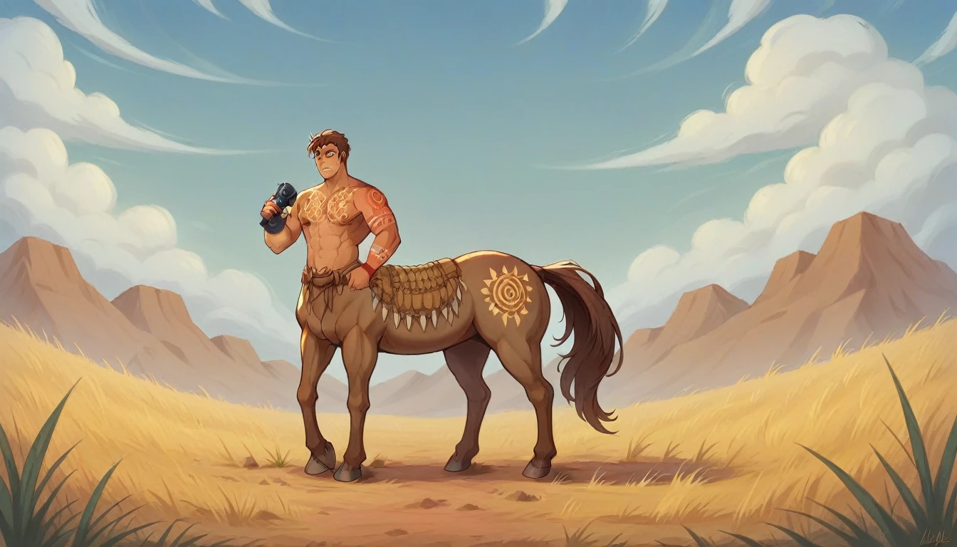 a majestic centaur-like creature, with an upper body of a muscular man adorned with intricate tribal tattoos, and a lower body of a regal. The seamless transition to the horse body is fluid and seamless, showcasing the artist's skill in blending different forms. Standing proudly against the backdrop of a golden savanna, the creature's eyes reflect a fierce yet noble spirit. The sky overhead is bathed in warm hues of orange and pink as the sun begins to set, casting a serene yet powerful atmosphere over the scene. The overall composition is a breathtaking blend of realism and fantasy, capturing the essence of the centaur mythos,