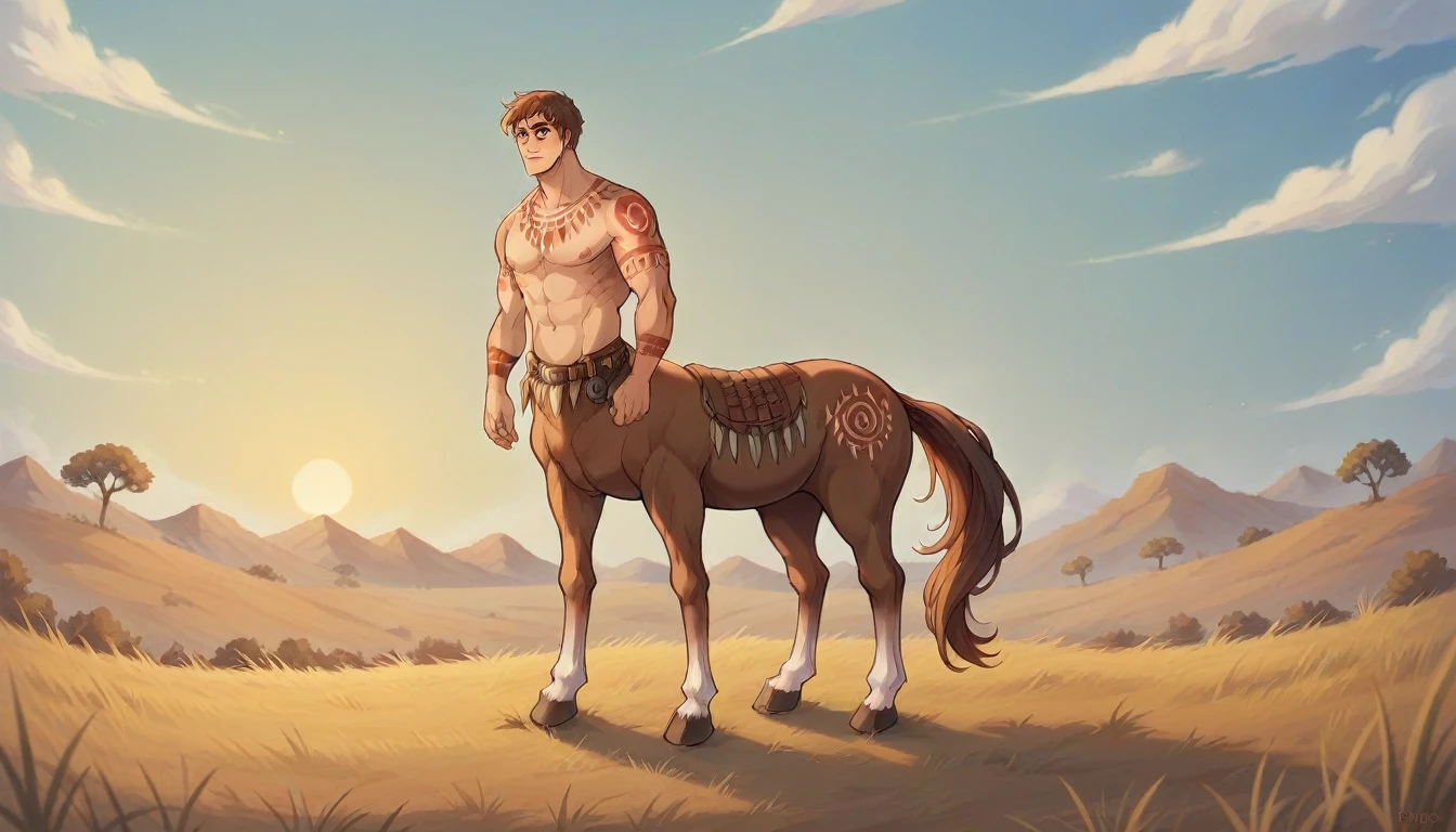 a majestic centaur-like creature, with an upper body of a muscular man adorned with intricate tribal tattoos, and a lower body of a regal. The seamless transition to the horse body is fluid and seamless, showcasing the artist's skill in blending different forms. Standing proudly against the backdrop of a golden savanna, the creature's eyes reflect a fierce yet noble spirit. The sky overhead is bathed in warm hues of orange and pink as the sun begins to set, casting a serene yet powerful atmosphere over the scene. The overall composition is a breathtaking blend of realism and fantasy, capturing the essence of the centaur mythos,