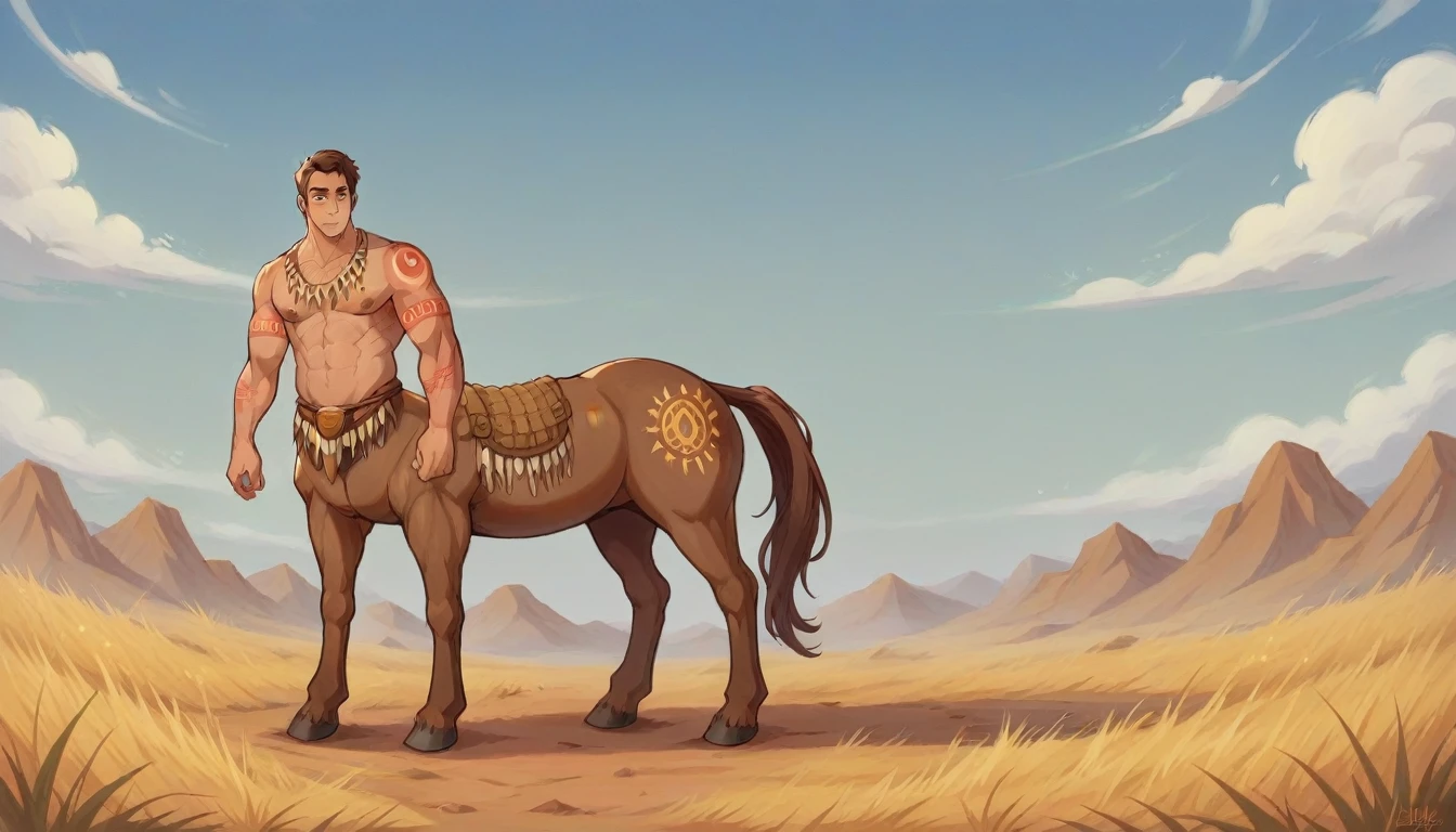 a majestic centaur-like creature, with an upper body of a muscular man adorned with intricate tribal tattoos, and a lower body of a regal. The seamless transition to the horse body is fluid and seamless, showcasing the artist's skill in blending different forms. Standing proudly against the backdrop of a golden savanna, the creature's eyes reflect a fierce yet noble spirit. The sky overhead is bathed in warm hues of orange and pink as the sun begins to set, casting a serene yet powerful atmosphere over the scene. The overall composition is a breathtaking blend of realism and fantasy, capturing the essence of the centaur mythos,