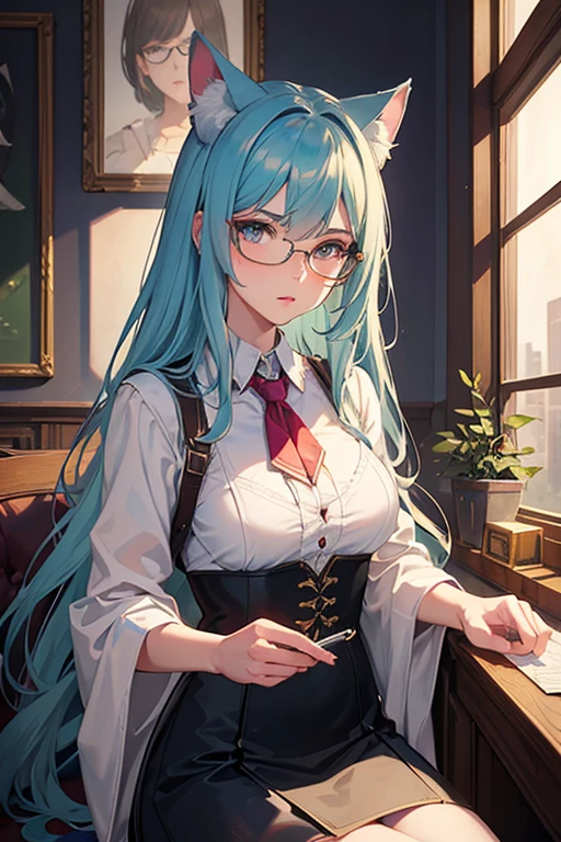 Masterpiece, Beautiful art, professional artist, 8k, art style by sciamano240, Very detailed face, detailed hair, Detailed clothing, detailed fabric, 1 girl, perfectly drawn body, beautiful face, broad, light blue fur , highly detailed blue cat eyes, wearing teacher clothes, thigh high boots, tube skirt, glasses, looking angrily over glasses, Sensual Lips , pink cheeks, school environment, detailed background, board , show details in the eyes, close up view, looking at the viewer, angry expression, ceñudo, holding the ruler,