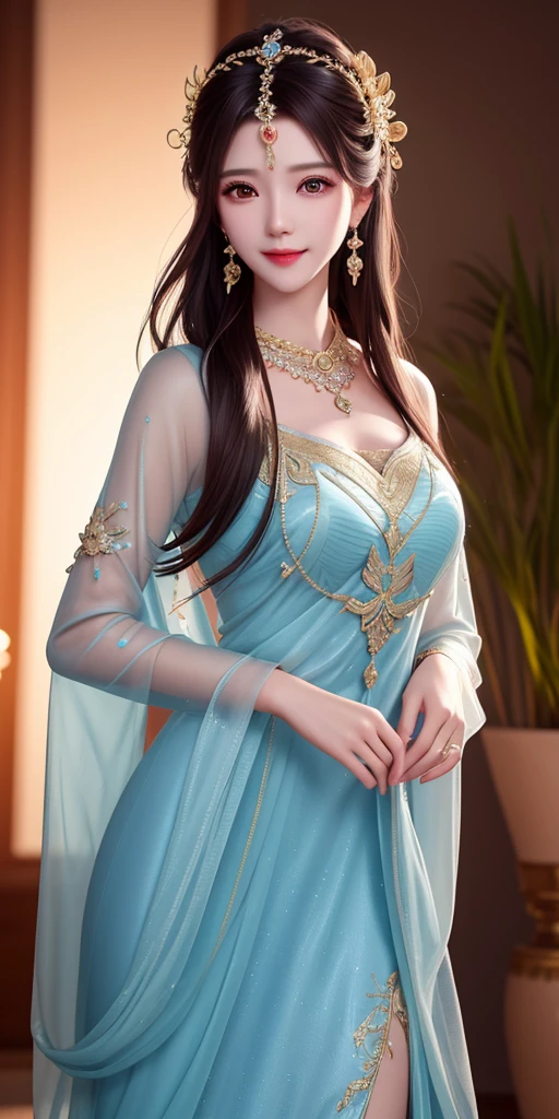 best quality, masterpiece, highres, 1girl, transparent silk china dress, beautiful face, hair ornament, looking at viewer, smile, closed mouth,lips, dress,hair ornament, necklace, jewelry, long hair, earrings, Beautiful face,upon_body, tyndall effect,photorealistic, dark studio, rim lighting, two tone lighting,(high detailed skin:1.2), 8k uhd, dslr, soft lighting, high quality, volumetric lighting, candid, Photograph, high resolution, 4k, 8k, Bokeh