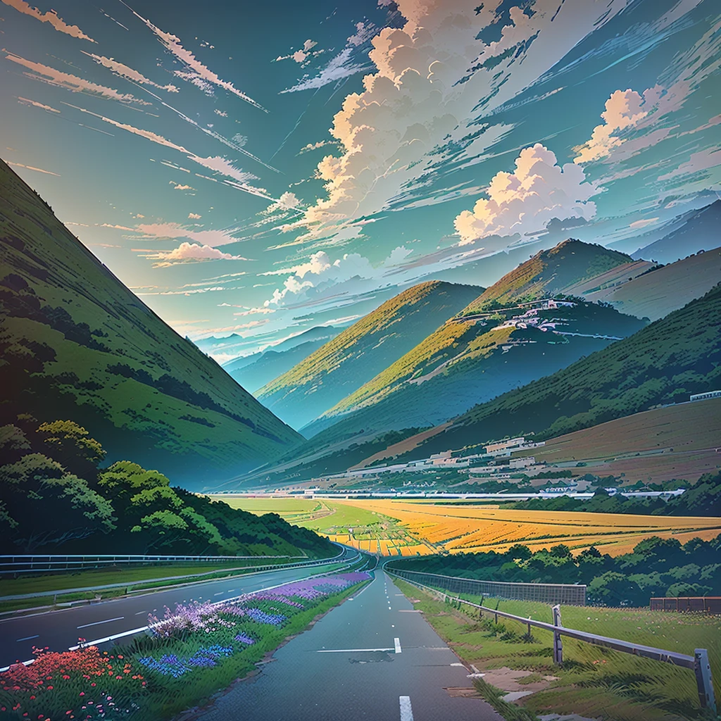 There is a picture of flowers blooming on the side of the road., Anime scenery, Anime countryside landscape, beautiful Anime Scenery, Beautiful anime scene, Anime Scenery, Anime scenery wallpaper, Anime Background Art, Beautiful peaceful scene in anime, Makoto Shinkai&#39;s Style, ( ( makoto shinkai ) ), Studio Greeble Makoto Shinkai, Anime movie background
