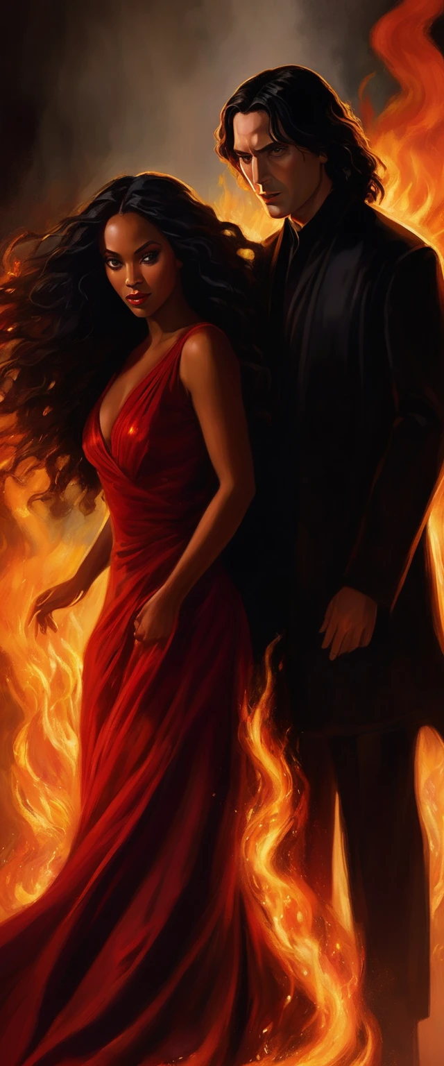 - Scene: Create an image of two people in love in a setting of mystery and passion.
- Woman's Appearance:
- Resembles Beyoncé
- Brown skin
- Long, golden blonde curly hair
- Confident and seductive expression
- Wearing a red dress, elegant and form-fitting
- Lips painted a deep, intense red
- Man's Appearance:
- Resembles Severus Snape
- Pale skin
- Large nose
- Black, straight hair falling around his face in a somber manner
- Serious and intense expression
- Wearing a black cloak, contrasting with the flames around them
- Atmosphere:
- Surrounded by flames, creating a mystical and fiery ambiance
- Soft lighting highlighting their faces, enhancing the sparkle in their eyes
- Flames adding an element of intensity and mystery to the scene
- They are close to each other, gazing intensely into each other's eyes, exuding a strong emotional connection