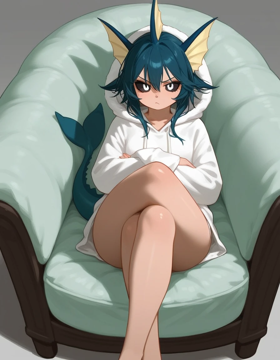 score_9,score_8_above,score_7_above, a hairy antro female vaporeon girl, calvo, black sclera, white eyes, wearing a loose white hoodie, white panties, pouting, sitting in a beanbag chair, crossed legs,