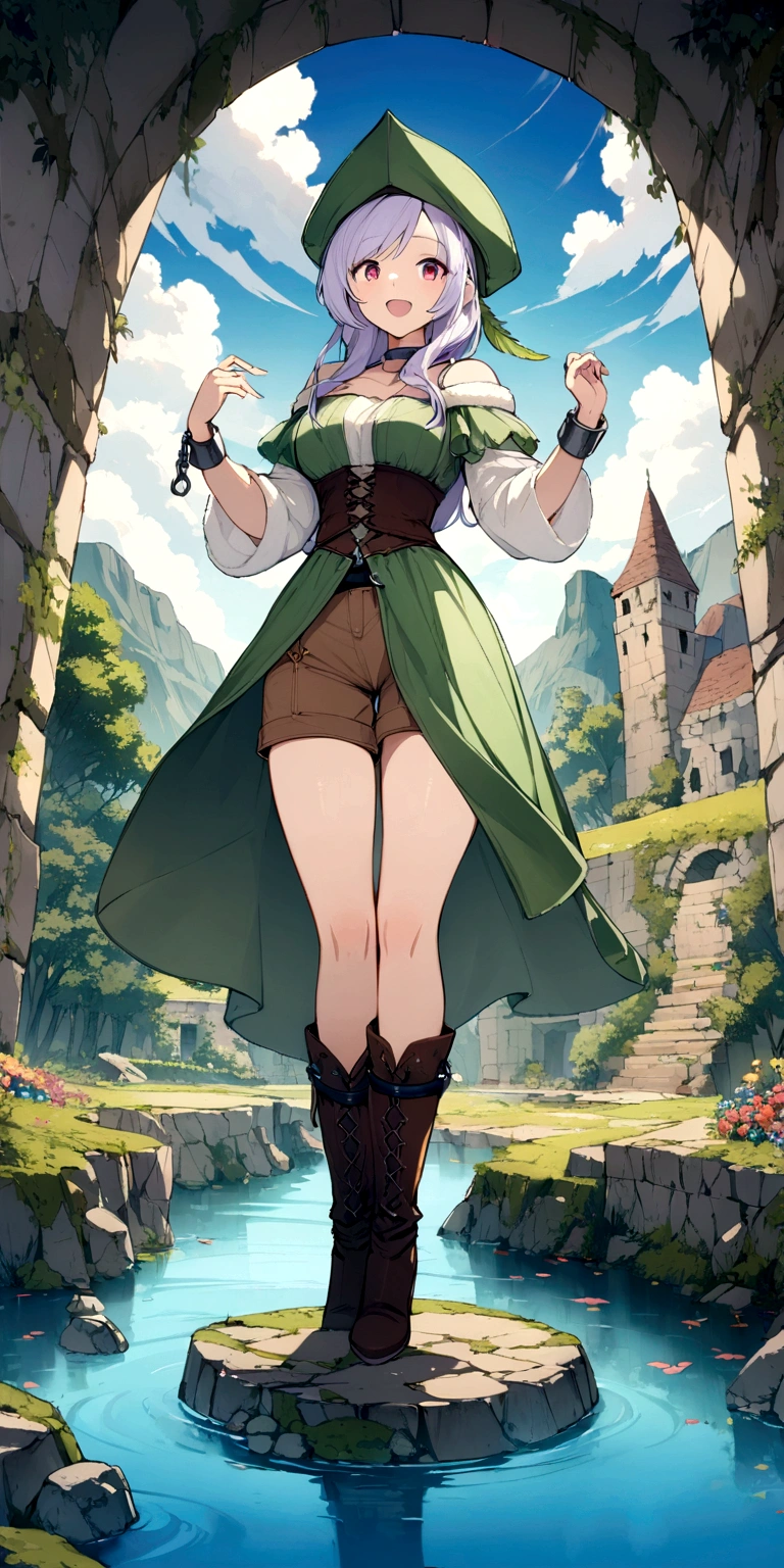 Best Quality, (Masterpiece:1.2), illustration, absurdities,  (1 girl, Alone), (beautiful detailed girl),, Eolia, by lila, wide, Red eyes, medium breasts,, happy, happy,, green hat, hat with feather decoration, green dress, green shelter, (Fancy:1.1) (medieval:1.1) Attire, (negro_shackles:1.1), White shirt, brown shorts, boots with fleece lining, coffee boots,, Magic Forest, flores, fairy ring, Ancient ruins, stone ruins, lake, sky, clouds