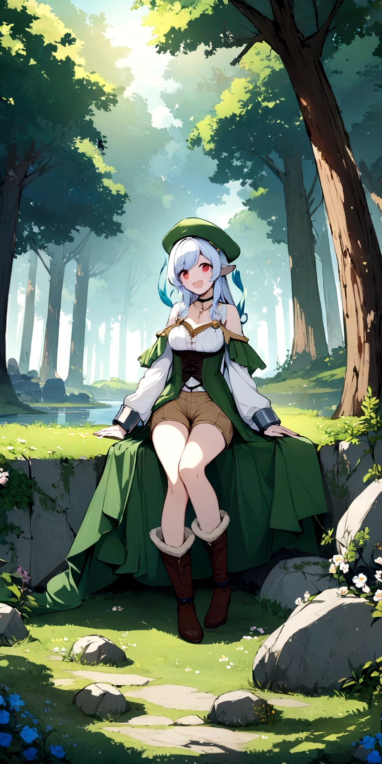 Best Quality, (Masterpiece:1.2), illustration, absurdities,  (1 girl, Alone), (beautiful detailed girl),, Eolia, by lila, wide, Red eyes, medium breasts,, happy, happy,, green hat, hat with feather decoration, green dress, green shelter, (Fancy:1.1) (medieval:1.1) Attire, (negro_shackles:1.1), White shirt, brown shorts, boots with fleece lining, coffee boots,, Magic Forest, flores, fairy ring, Ancient ruins, stone ruins, lake, sky, clouds