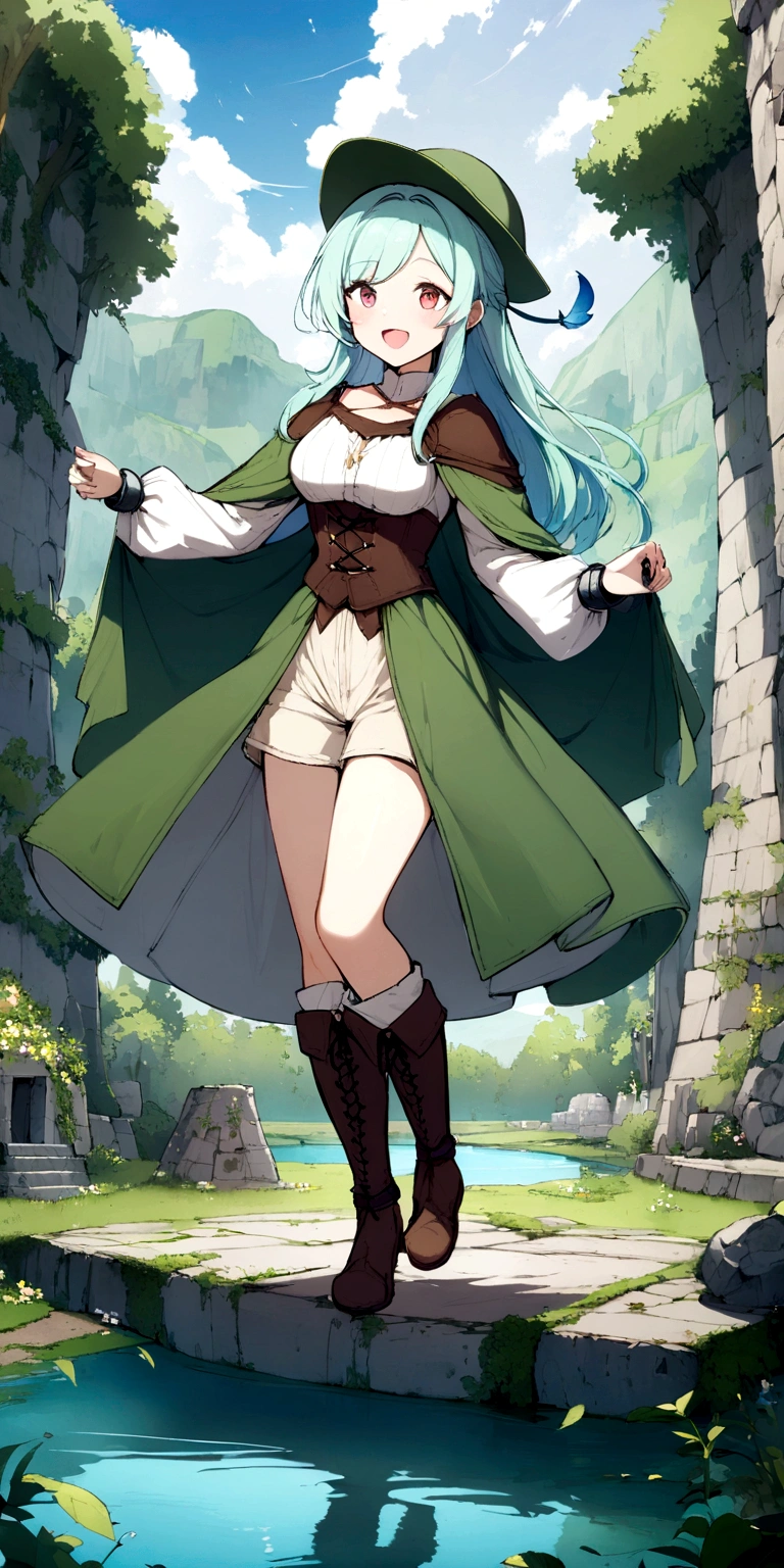 Best Quality, (Masterpiece:1.2), illustration, absurdities, (1 girl, Alone), (beautiful detailed girl),, Eolia, by lila, wide, Red eyes, medium breasts,, happy, happy,, green hat, hat with feather decoration, green dress, green shelter, (Fancy:1.1) (medieval:1.1) Attire, (negro_shackles:1.1), White shirt, brown shorts, boots with fleece lining, coffee boots,, Magic Forest, flores, fairy ring, Ancient ruins, stone ruins, lake, sky, clouds