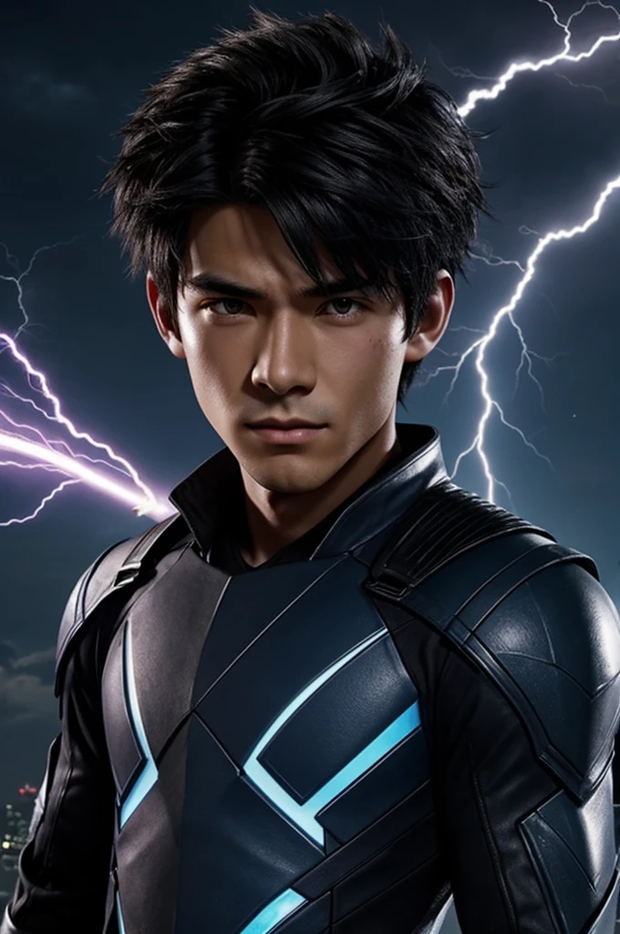 Create a character with these characteristics:
Real name: Ethan Blackwood
Alias: Spectra Shade
Edad: years Height: 1.70 meters Build: Thin and athletic hair: Black and messy eyes: of a deep blue, that glow purple when he uses his powers Distinctive Features: A lightning bolt-shaped scar on his left cheek, memory of the accident that changed his life. chibi boy appearance