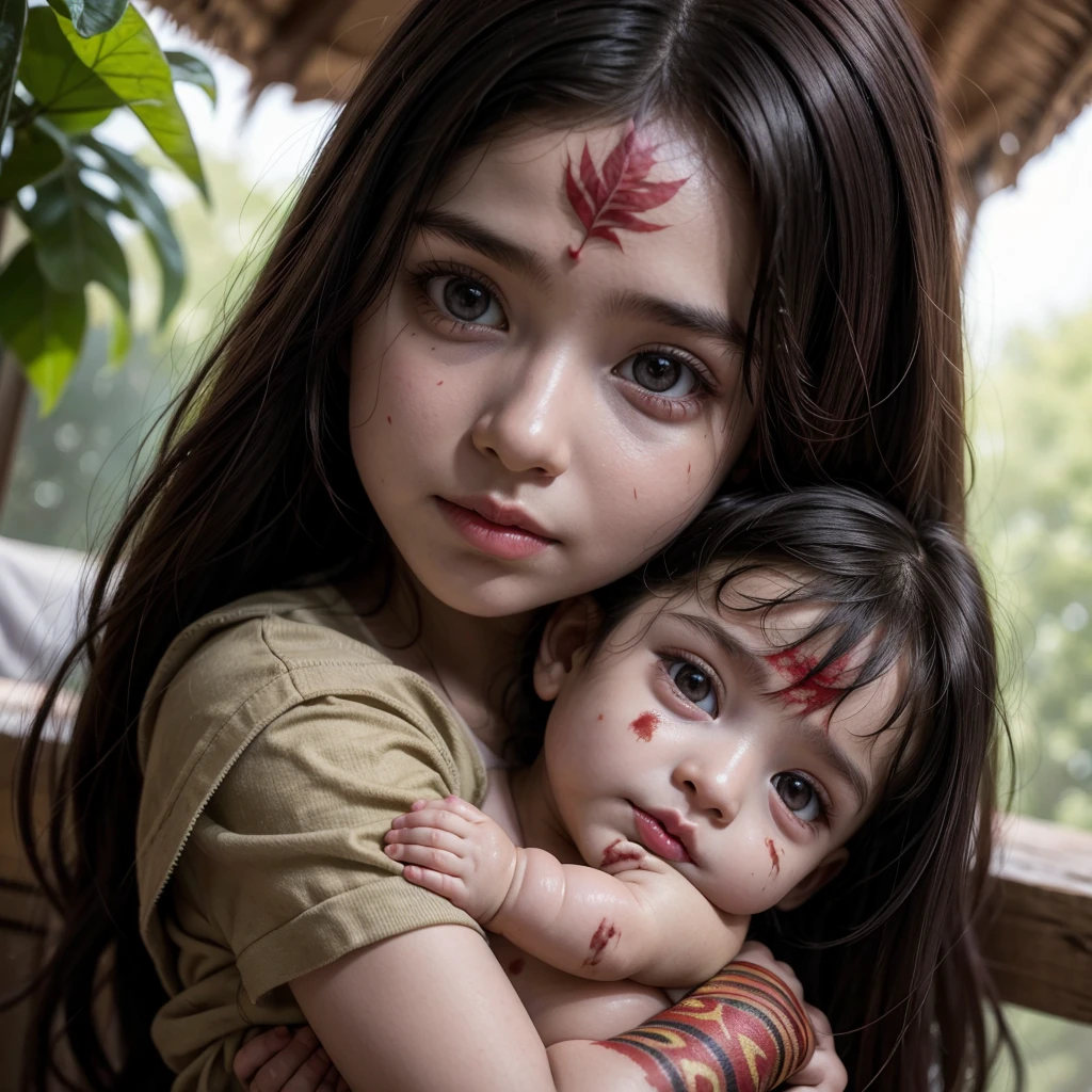 Raising baby boy being held by an adult woman with straight dark hair red paint on her face looking like a leaf Indian looking forward