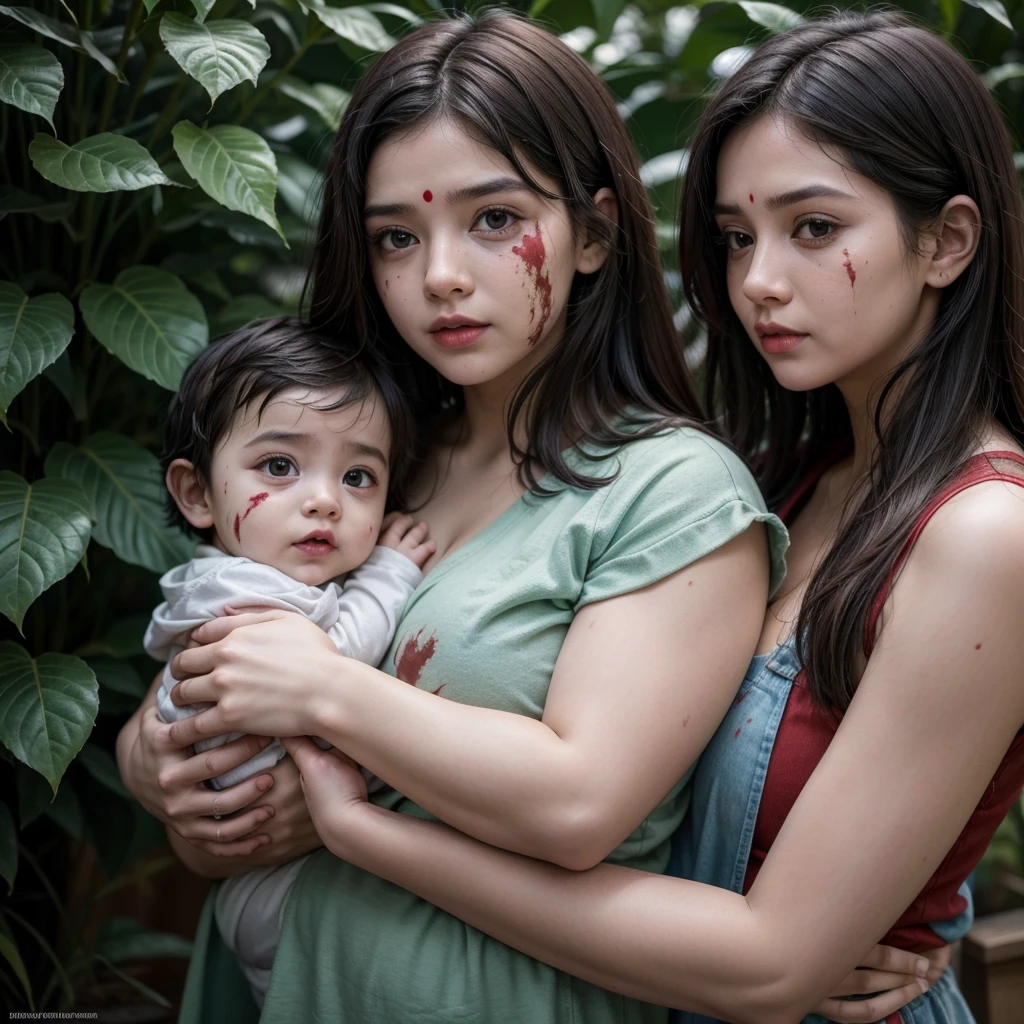 Raising baby boy being held by an adult woman with straight dark hair red paint on her face looking like a leaf Indian looking forward