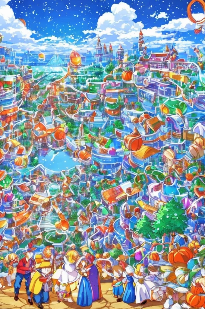 The anime-style event image beautifully blends Christmas and Halloween elements.。In the center of the image is the、The Christmas tree is standing、Colourful Halloween decorations。Around the tree、There are lots of cute anime characters、They are happily exchanging gifts。under the tree、There are lots of candies and sweets、It depicts children being happy.。In the background、The blue sky and white clouds are spreading、It adds to the excitement of the event.。The overall atmosphere is bright and glamorous.、You can enjoy both Christmas and Halloween.。