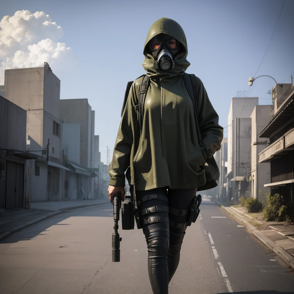 She is walking in middle of a street wearing a gas mask, abandon city with only one Power Nuclear Plant in the distance but there is not other people , there is a olive green toxic gas in the ambient, ultra high quality, 4K, low angle,