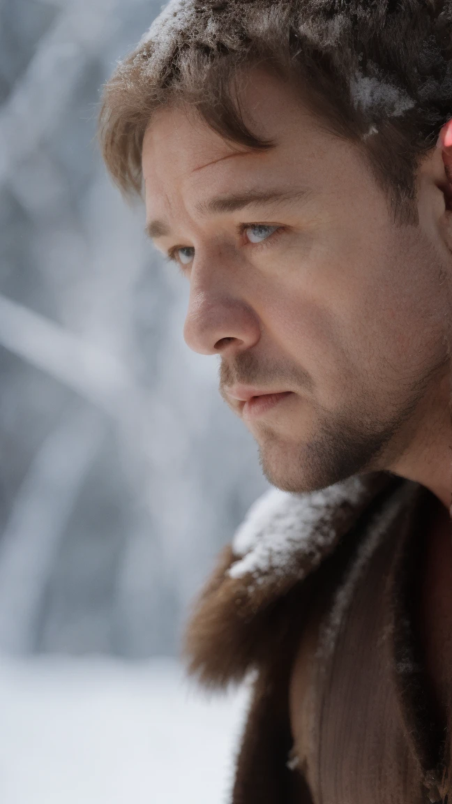 russell crowe as gladiator detailed face, bodybuilder body, in the snow forest, hiper realistic,cinematrographic pic super high quality