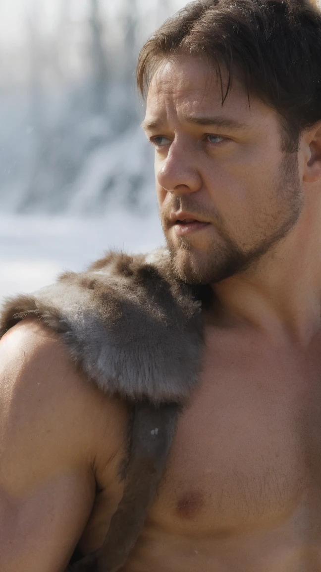 russell crowe as gladiator detailed face, bodybuilder body, in the snow forest, hiper realistic,cinematrographic pic super high quality